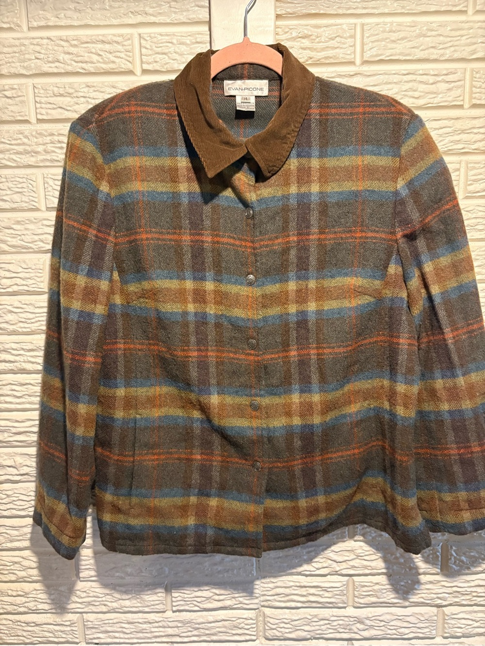 Evan Picone Brown Corduroy-Collar Plaid Wool Jacket with Blue & Rust Accents